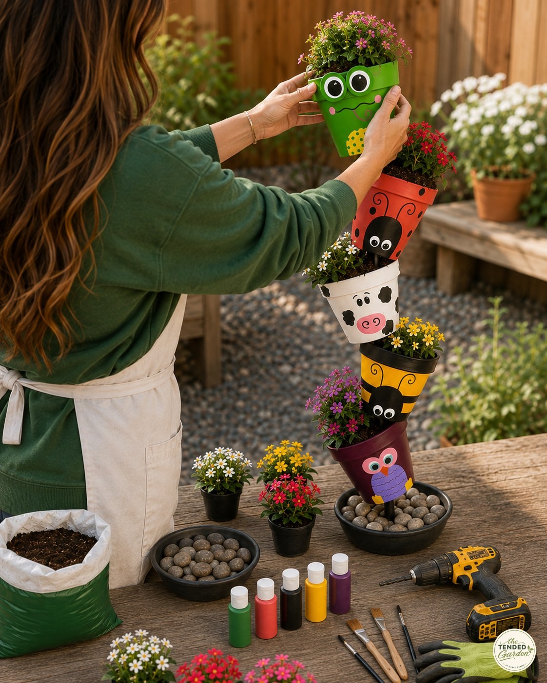 Adding the ladybug and frog pots with flowers already planted in a stacked garden totem
