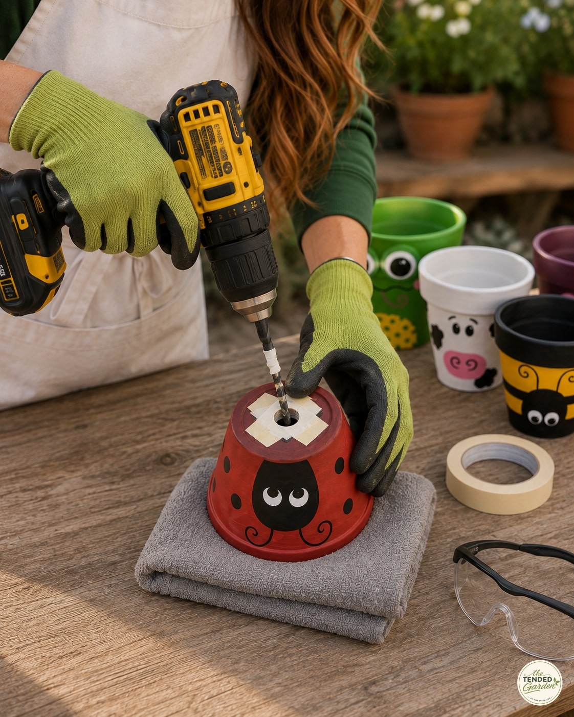 Drilling a ladybug terracotta pot with safety gloves and glasses for a clay pot animal totem