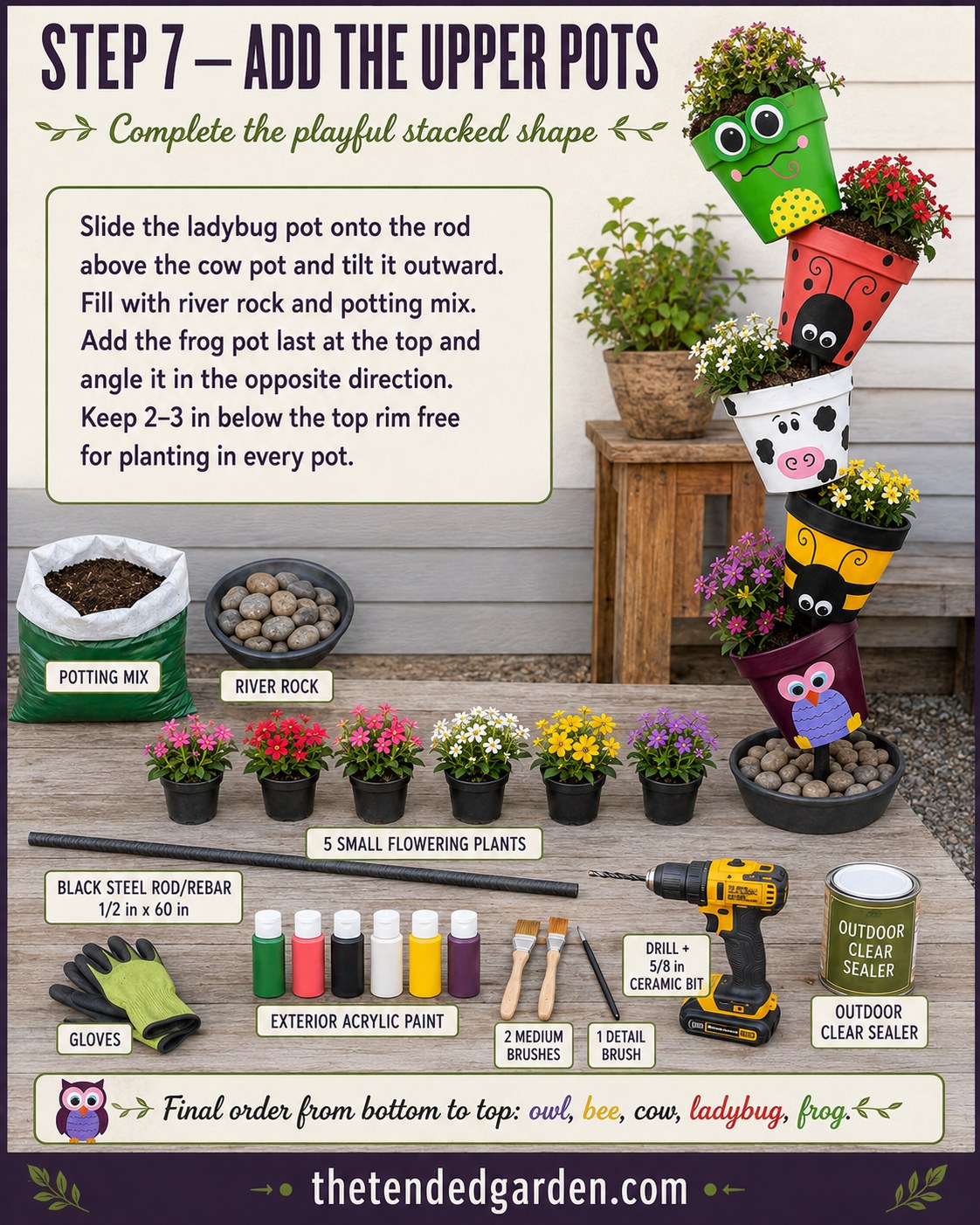 Adding the ladybug and frog pots to complete a five-pot clay pot animal totem