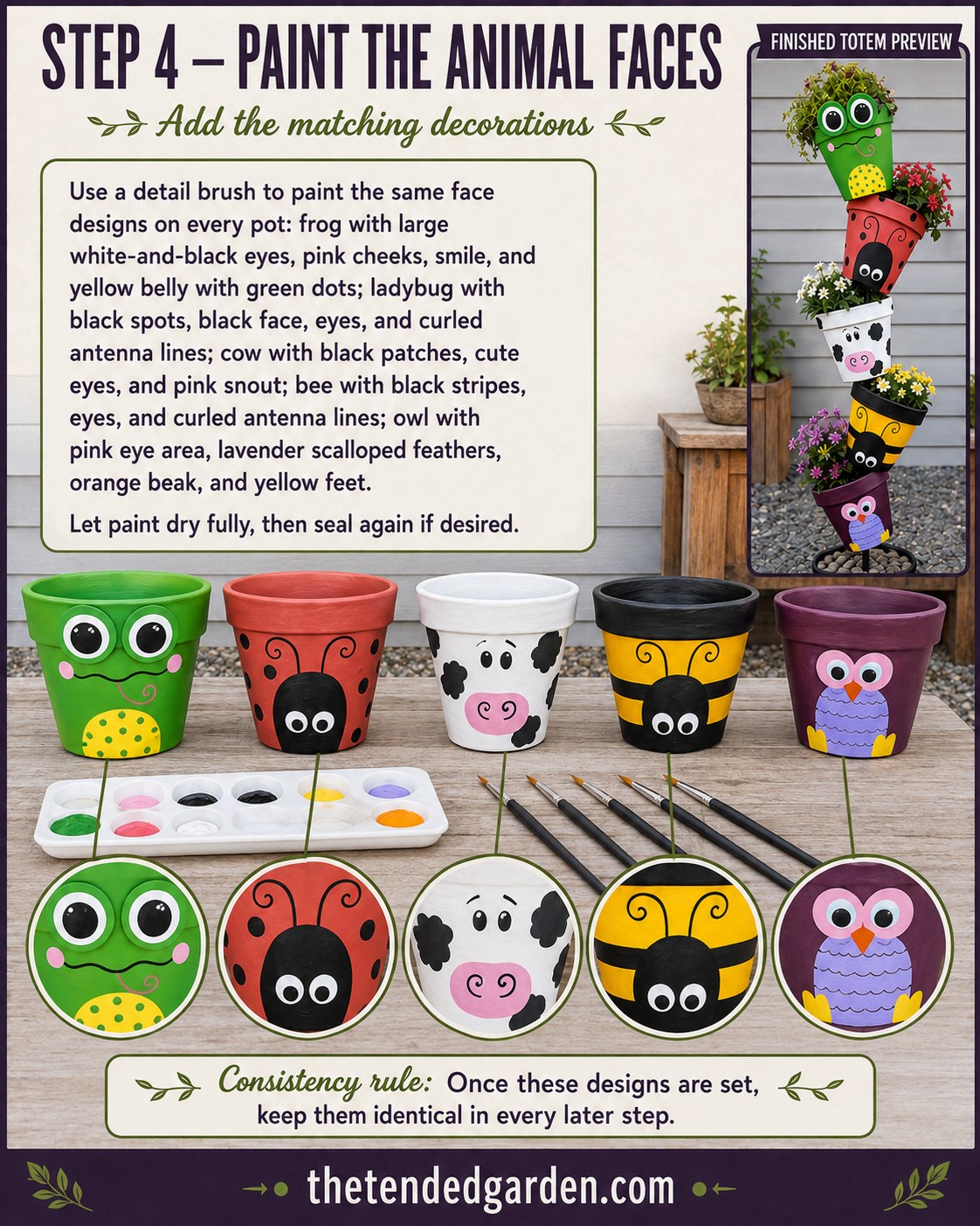 Detail-painting a ladybug face onto a terracotta pot for a clay pot animal totem