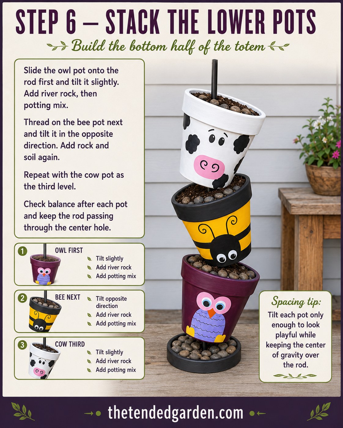 Stacking owl, bee, and cow terracotta pots onto a rod to build a clay pot animal totem