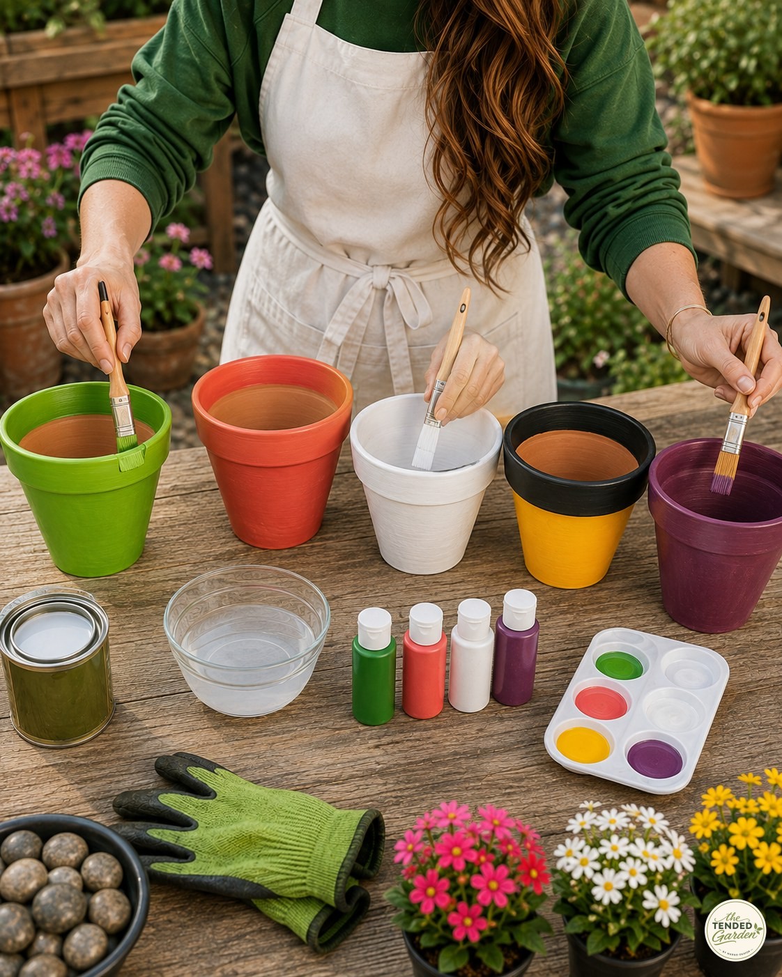 Hands painting base coats of green, red, and yellow onto terracotta pots for an animal totem