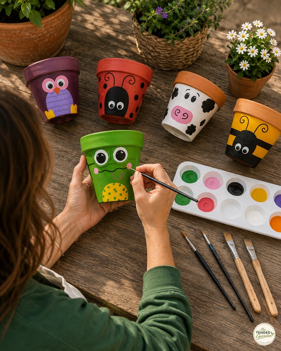 Close-up of painting a green frog face onto a terracotta pot for a garden totem