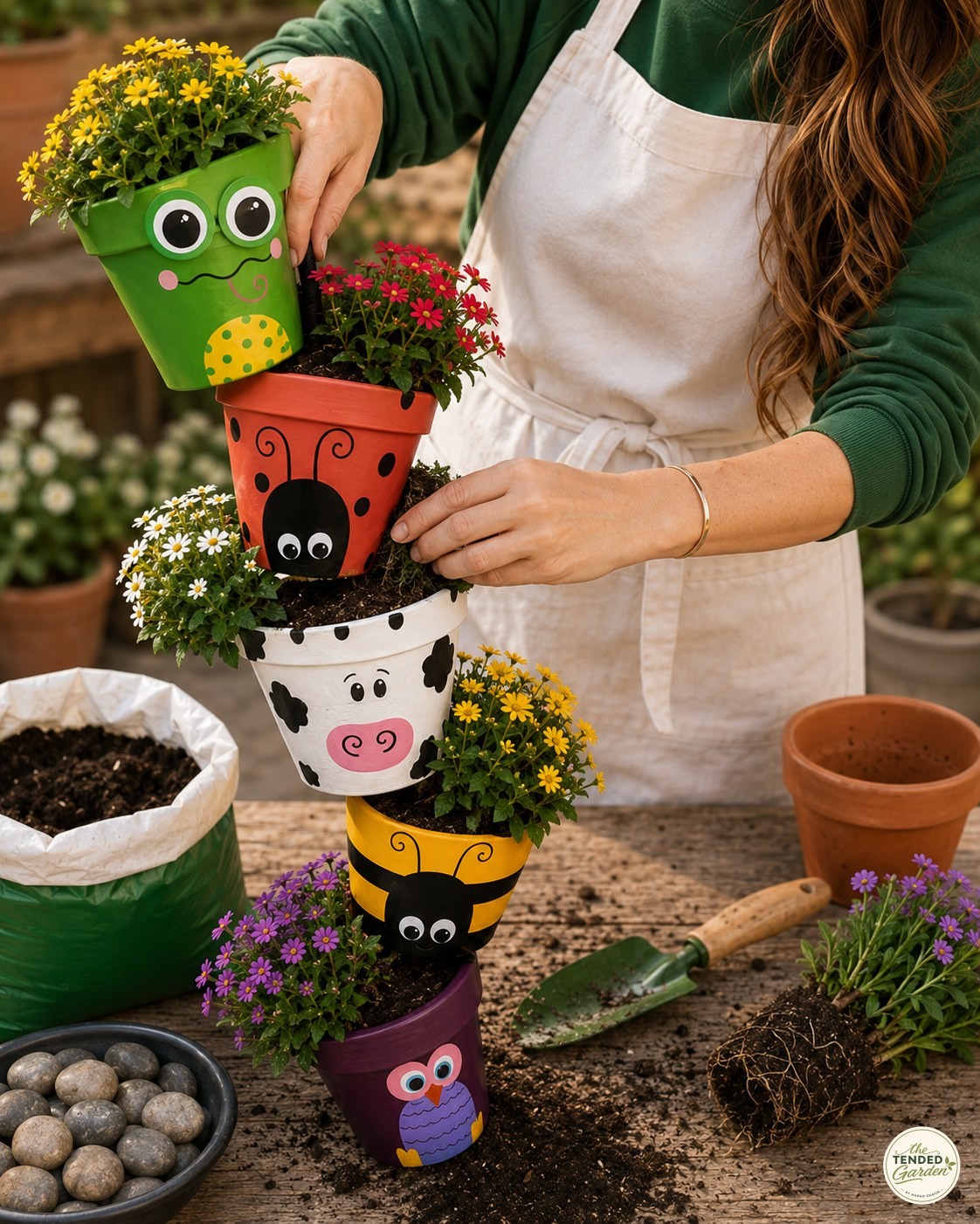 Planting a yellow flower into the top frog pot of a finished clay pot animal totem