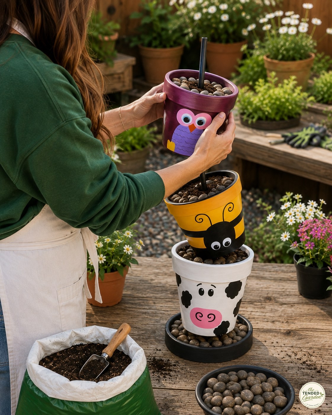 Stacking owl, bee, and cow pots with potting soil bag nearby during totem assembly