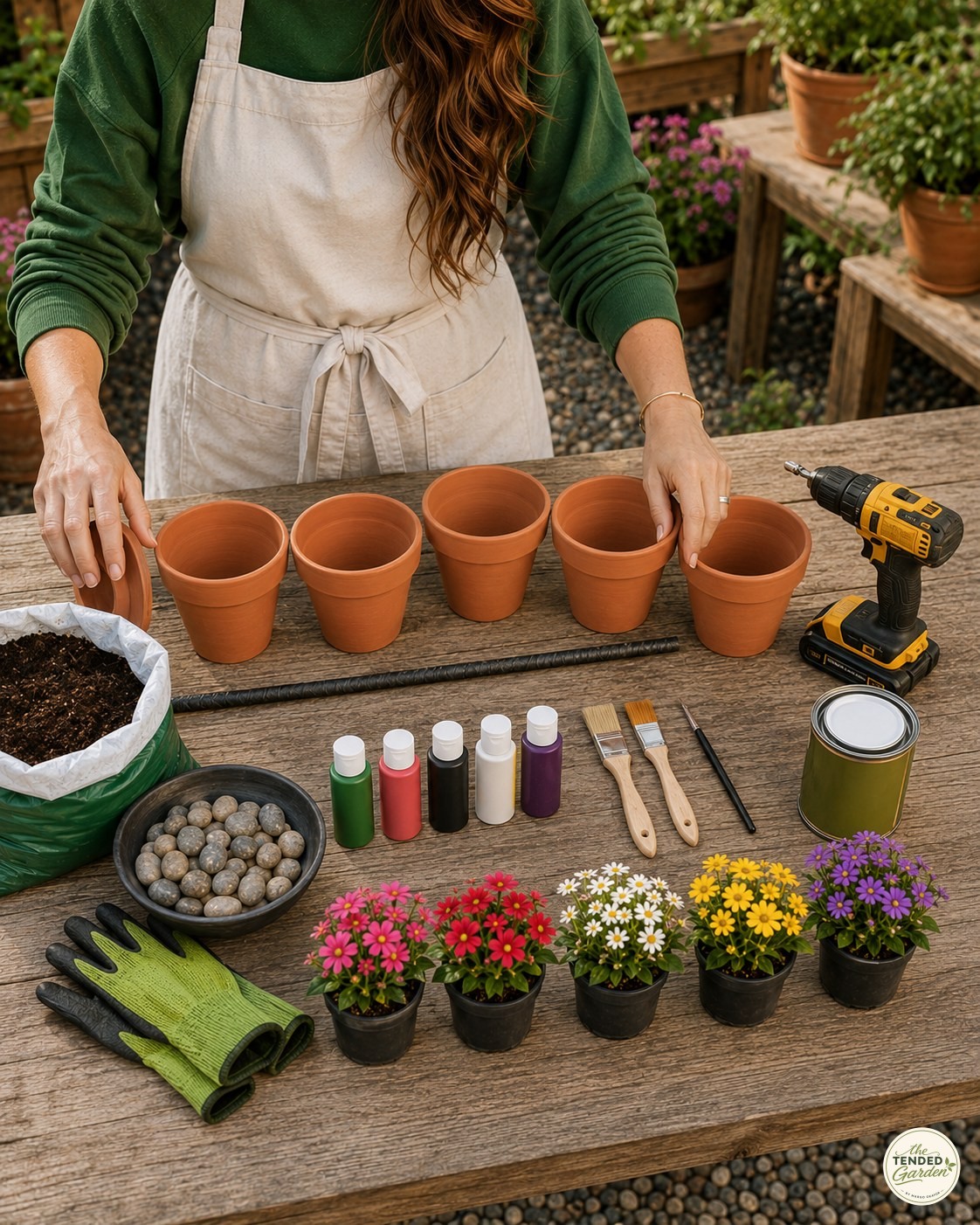 Terracotta pots and tools arranged on a workbench before starting a clay pot animal totem
