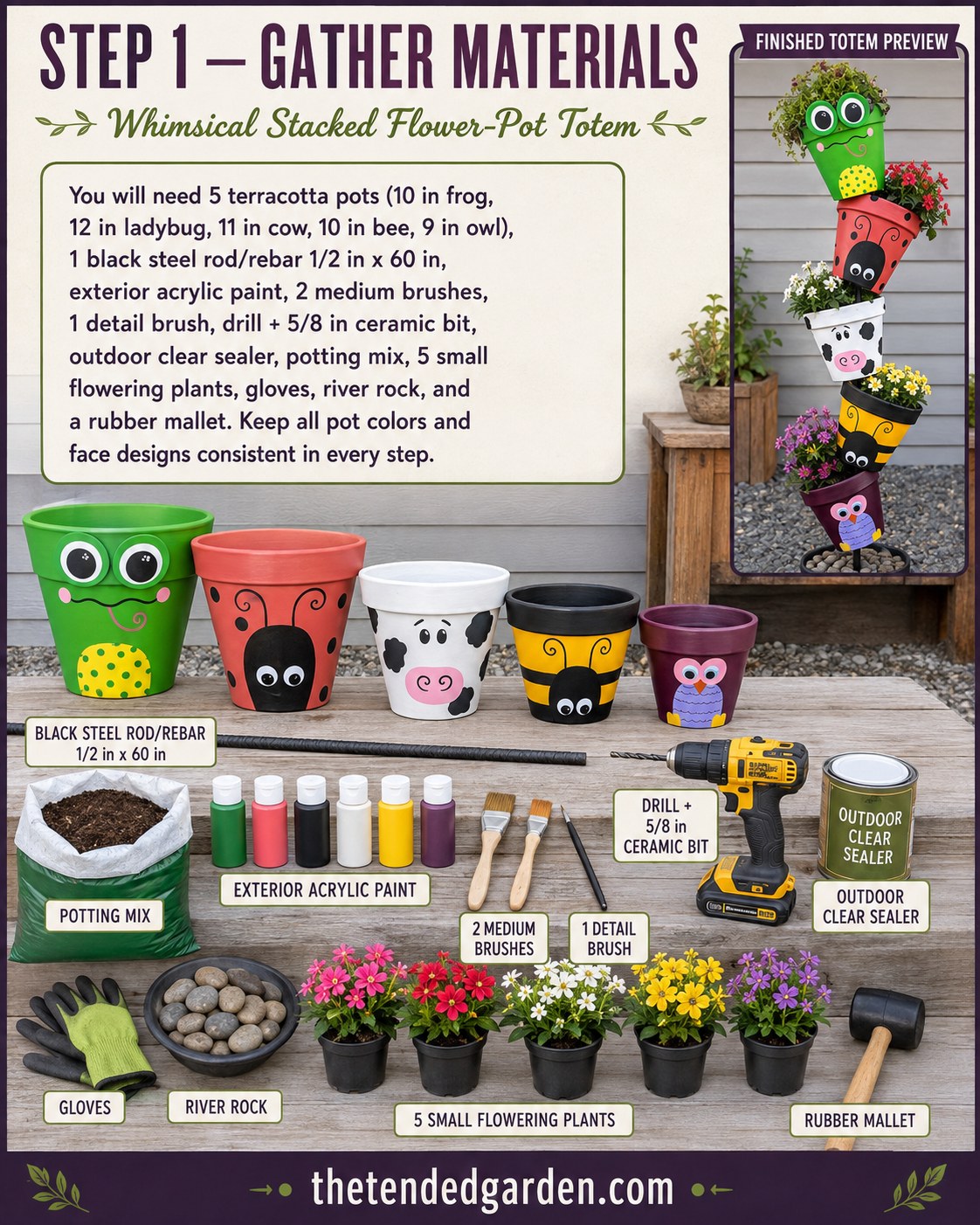 Materials laid out for a clay pot animal totem, including terracotta pots, rebar, paint, and a drill