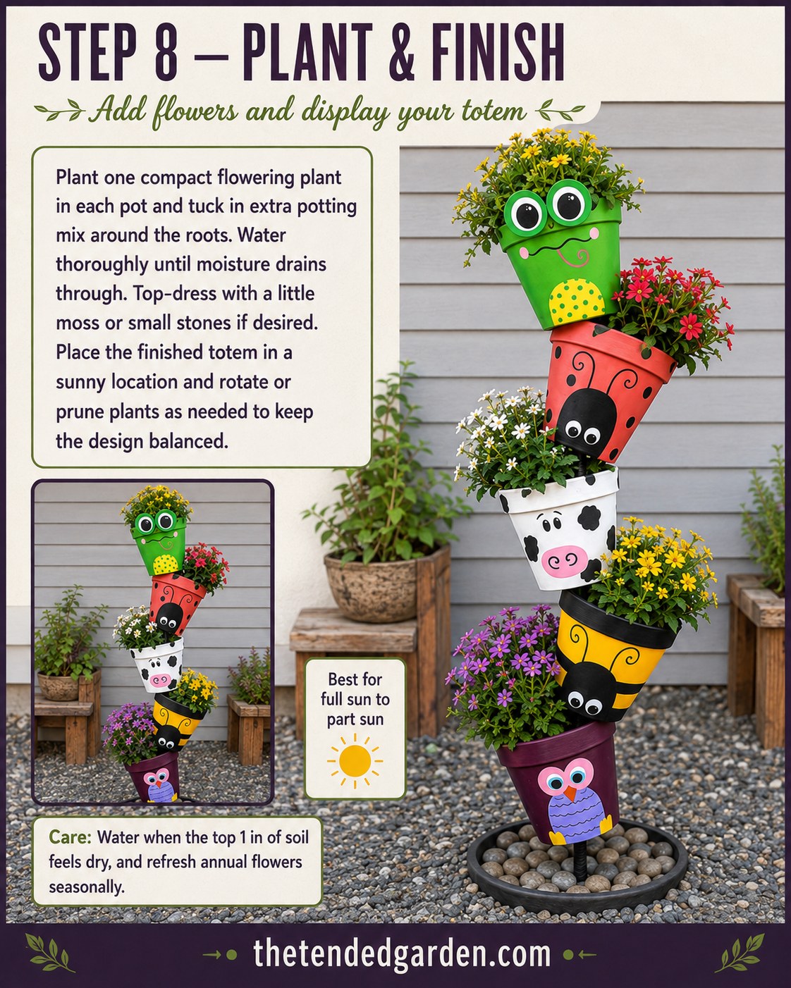 Finished clay pot animal totem planted with flowers and displayed in a sunny garden spot
