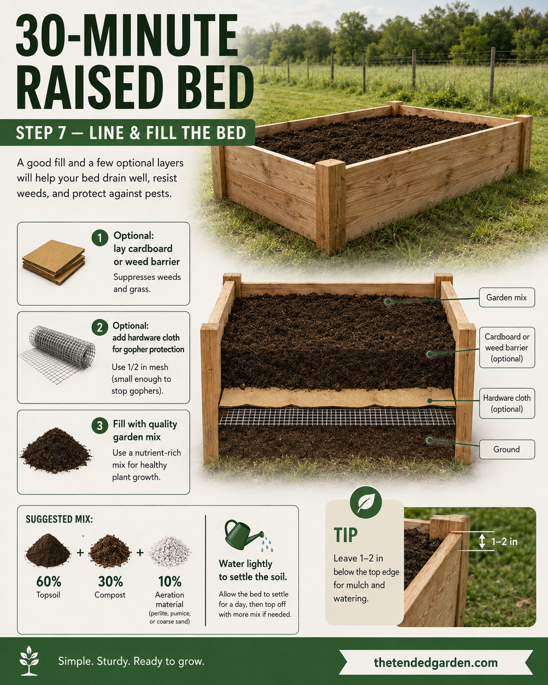 Cross-section view showing soil layers filling a finished DIY wood raised garden bed