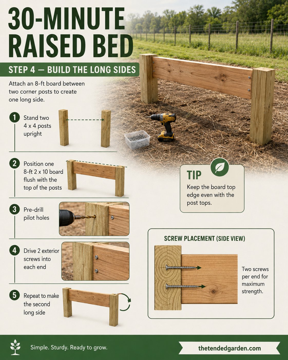 Two cedar corner posts and an 8-foot board being screwed together for the long side of a raised bed