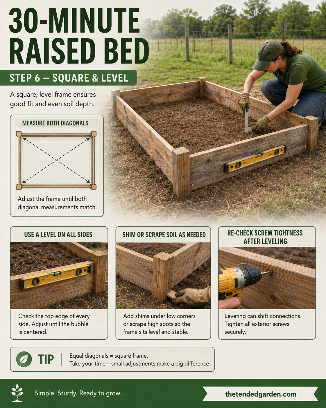 Checking diagonal measurements and level on a cedar DIY wood raised garden bed frame
