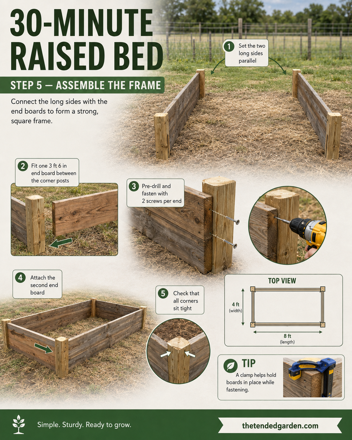 Assembled cedar frame of DIY wood raised garden beds sitting square on cleared ground