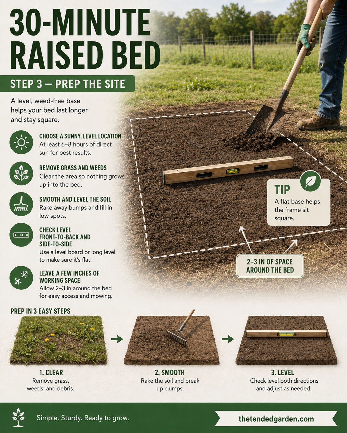 Gardener leveling and clearing the site before assembling DIY wood raised garden beds