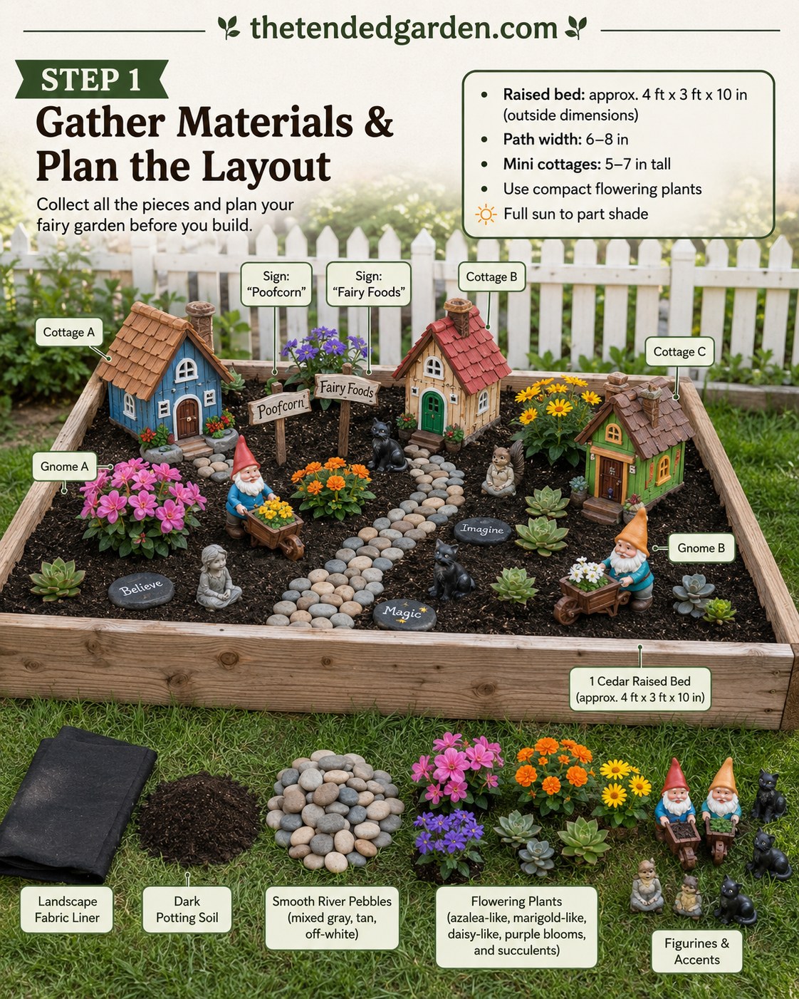 Materials laid out on grass before starting a fairy garden gnome village build
