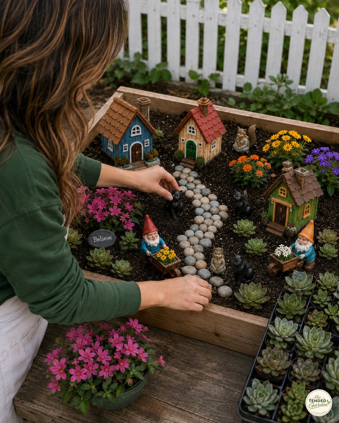 Adding gnome and cat figurines beside trays of succulents in the fairy garden gnome village