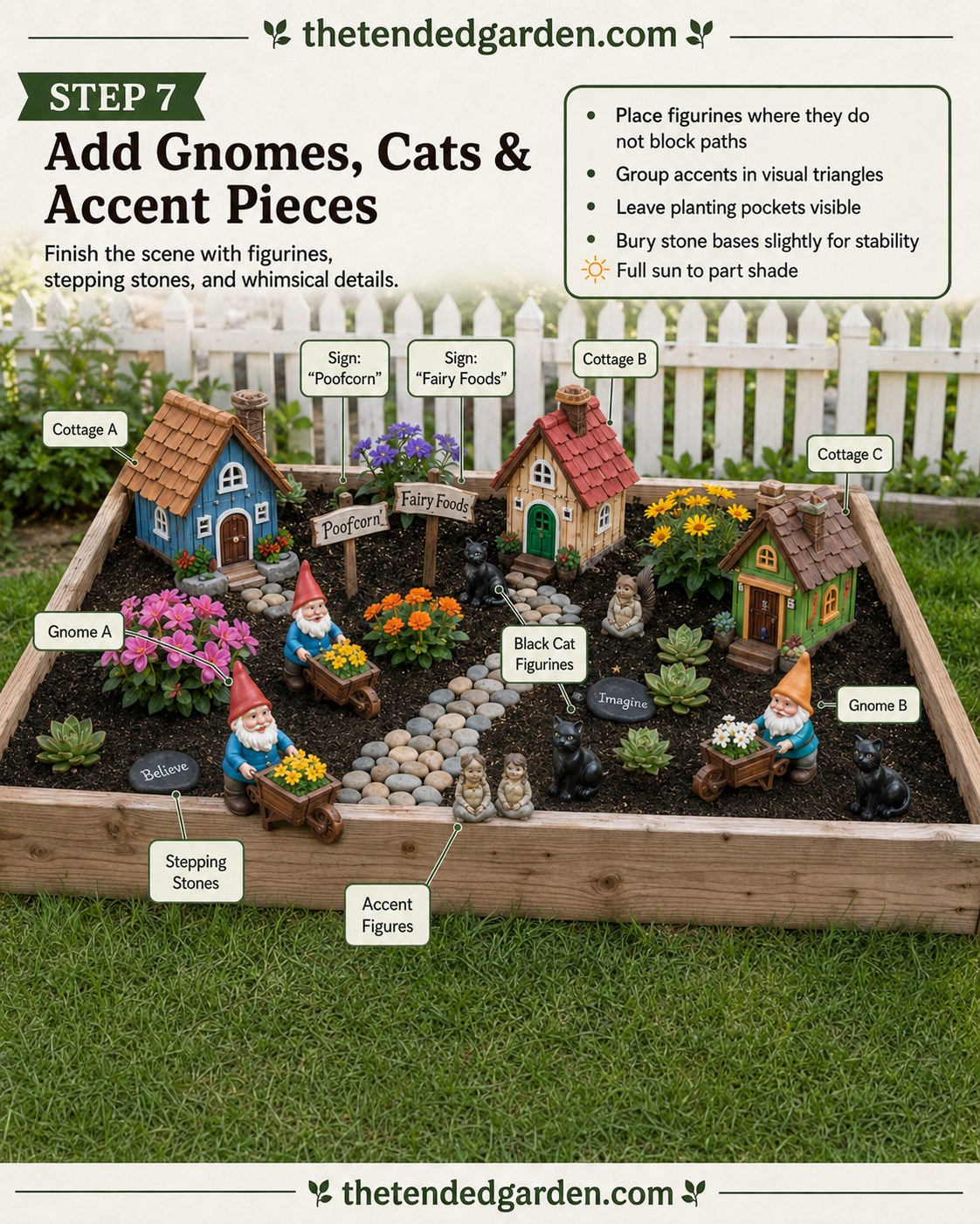 Gnome and black cat figurines added among the flower beds of the fairy garden gnome village