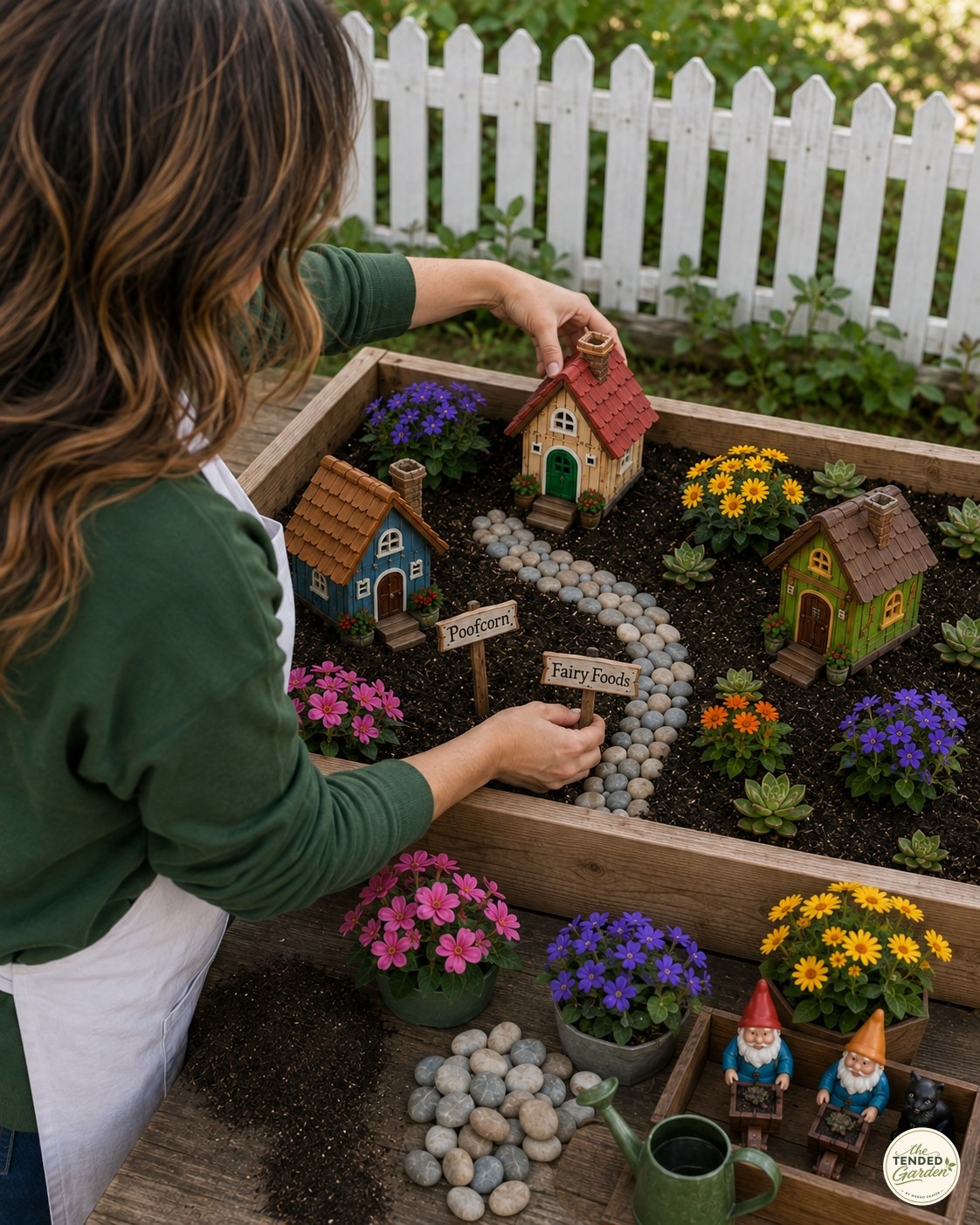 Arranging cottages and hand-lettered signs across the fairy garden gnome village