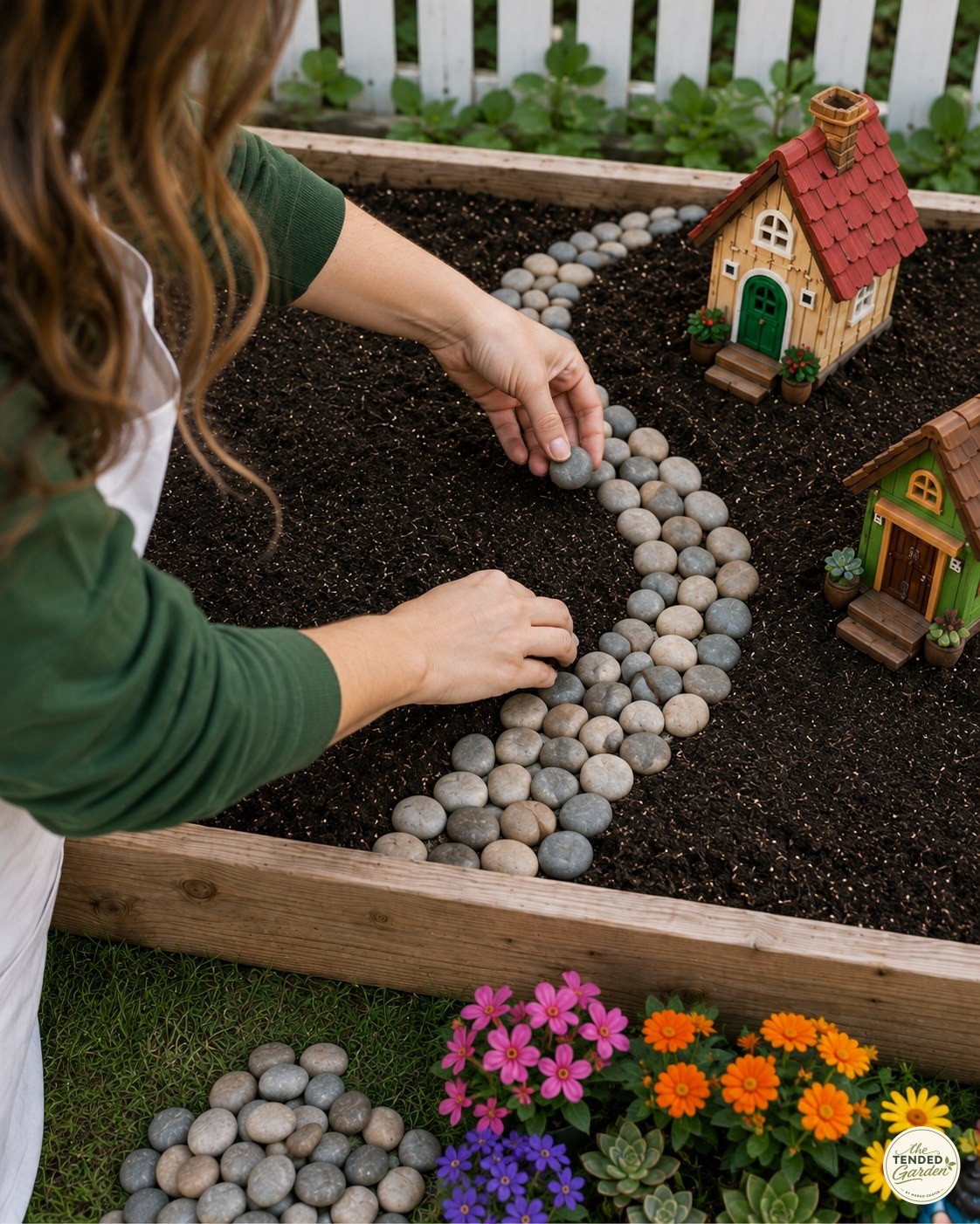 Fitting river stones one by one into the fairy garden gnome village's pebble path