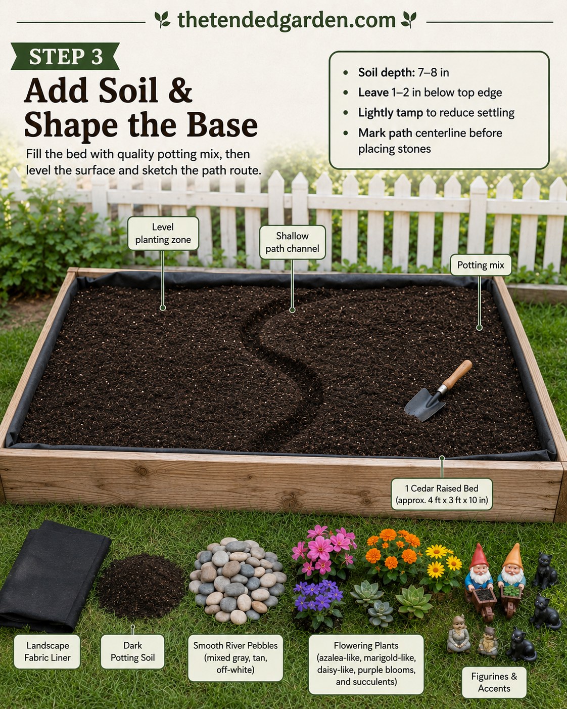 Potting soil filled and shaped with a marked path for the fairy garden gnome village base