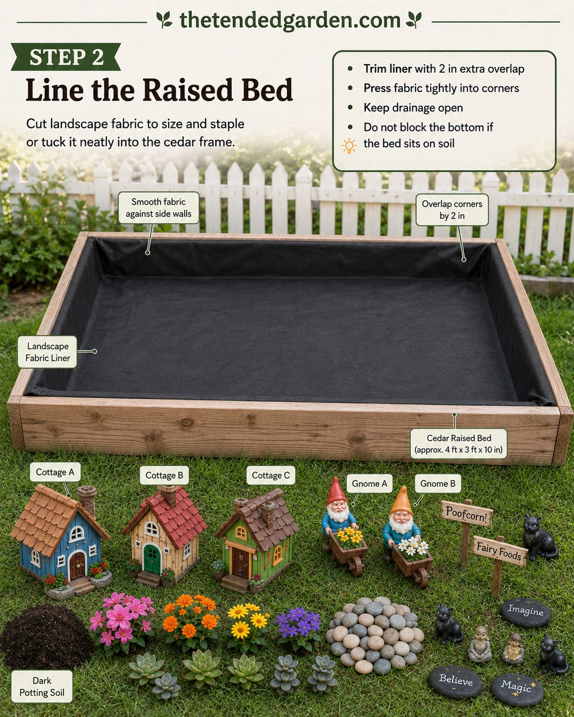 Landscape fabric lining a cedar raised bed for a new fairy garden gnome village