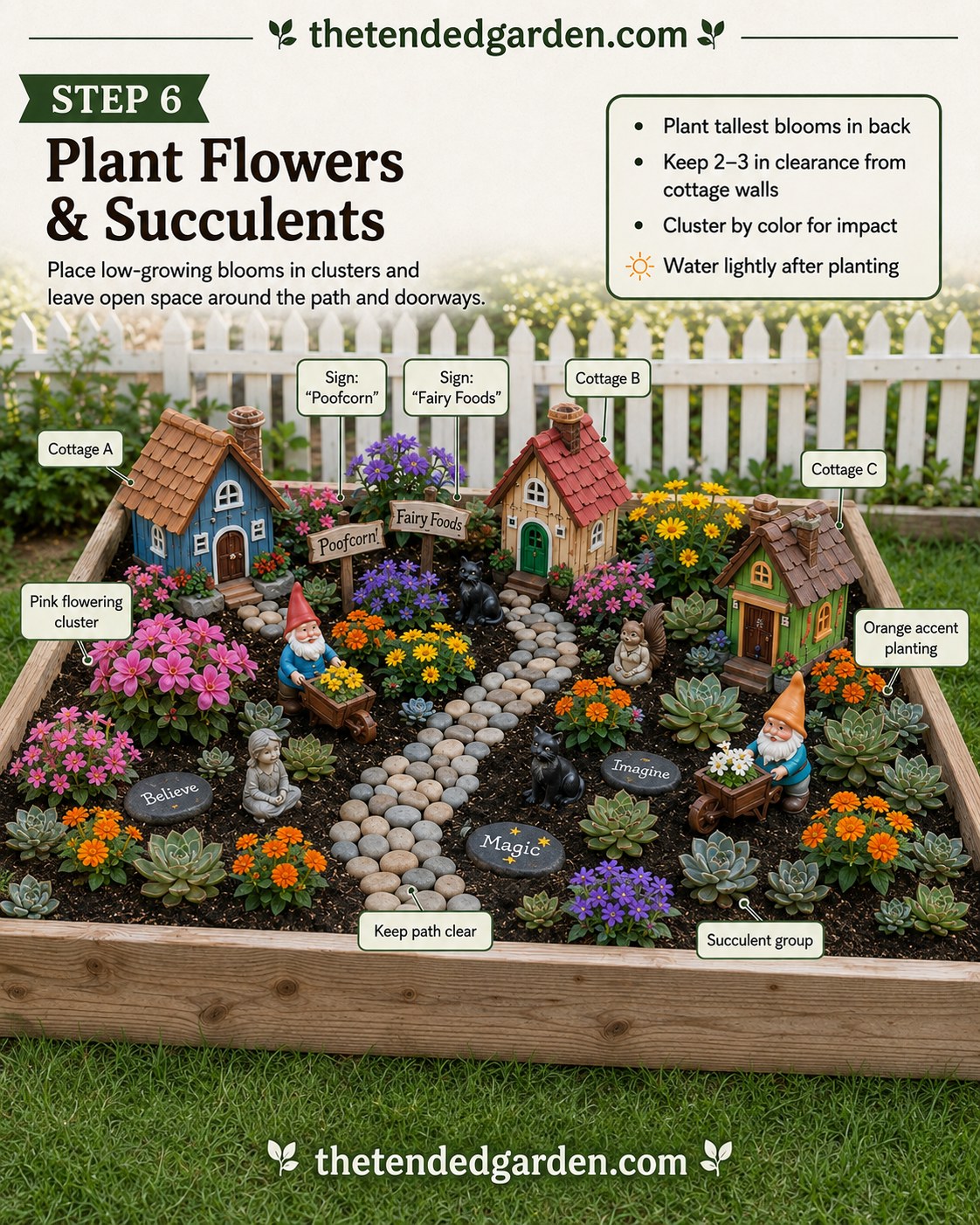 Flowering plants and succulents tucked around cottages in the fairy garden gnome village