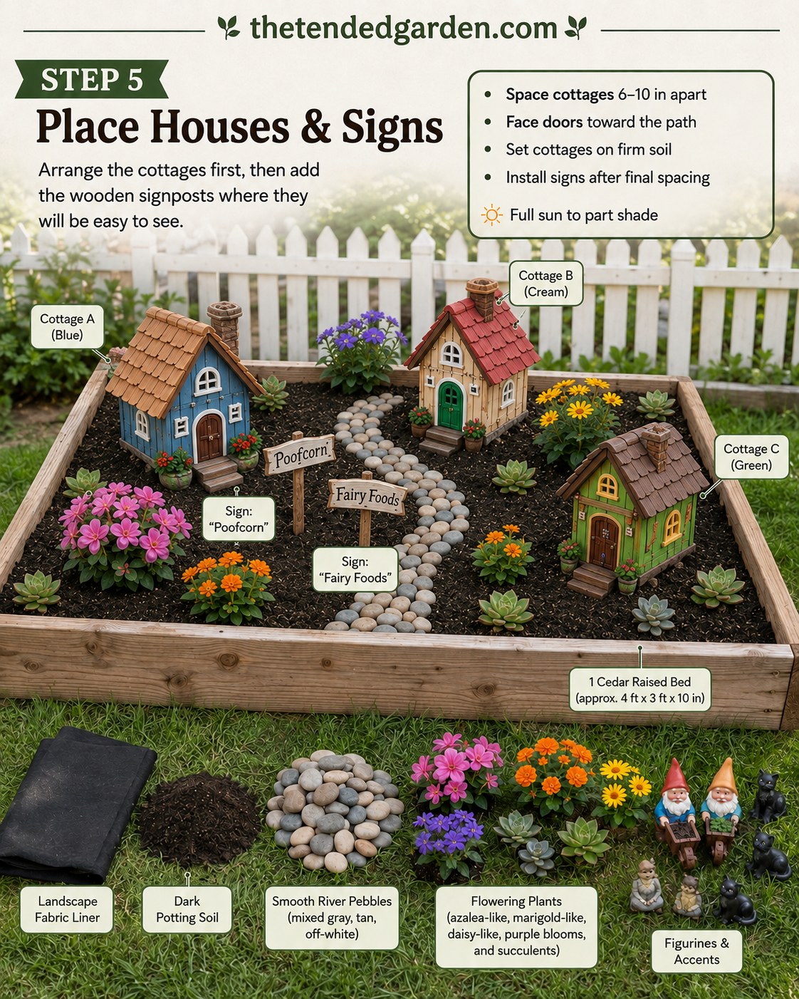 Three mini cottages and hand-lettered signs placed inside the fairy garden gnome village