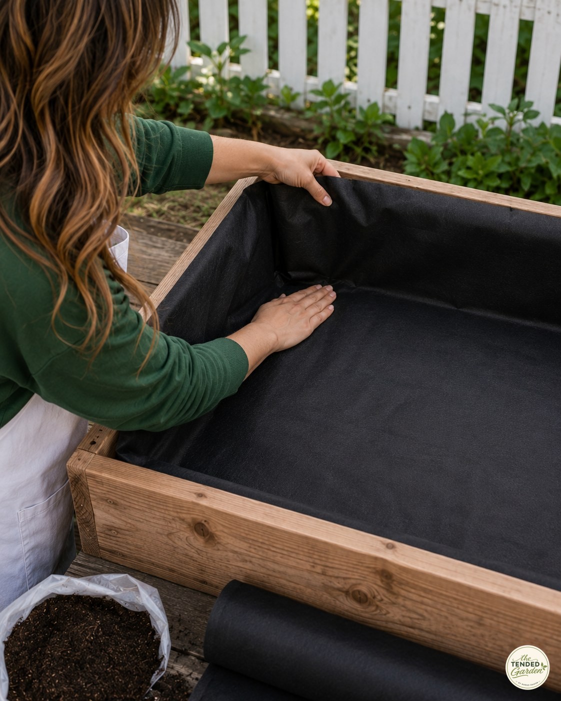 Pressing landscape fabric into raised bed corners for a real fairy garden gnome village build
