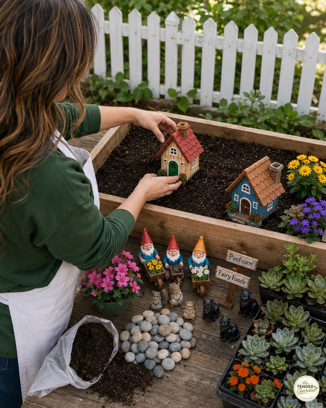 Setting a cottage roof into soil while building this fairy garden gnome village by hand