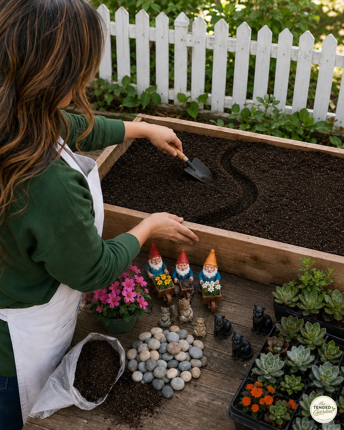 Sketching the winding path with a trowel before planting the fairy garden gnome village