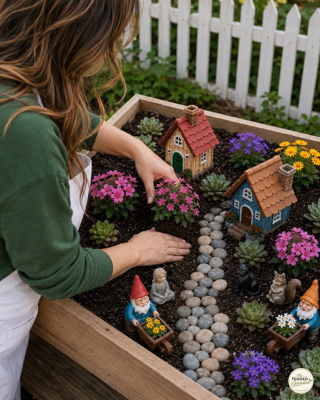 Tucking pink blooms around cottage walls in my real fairy garden gnome village