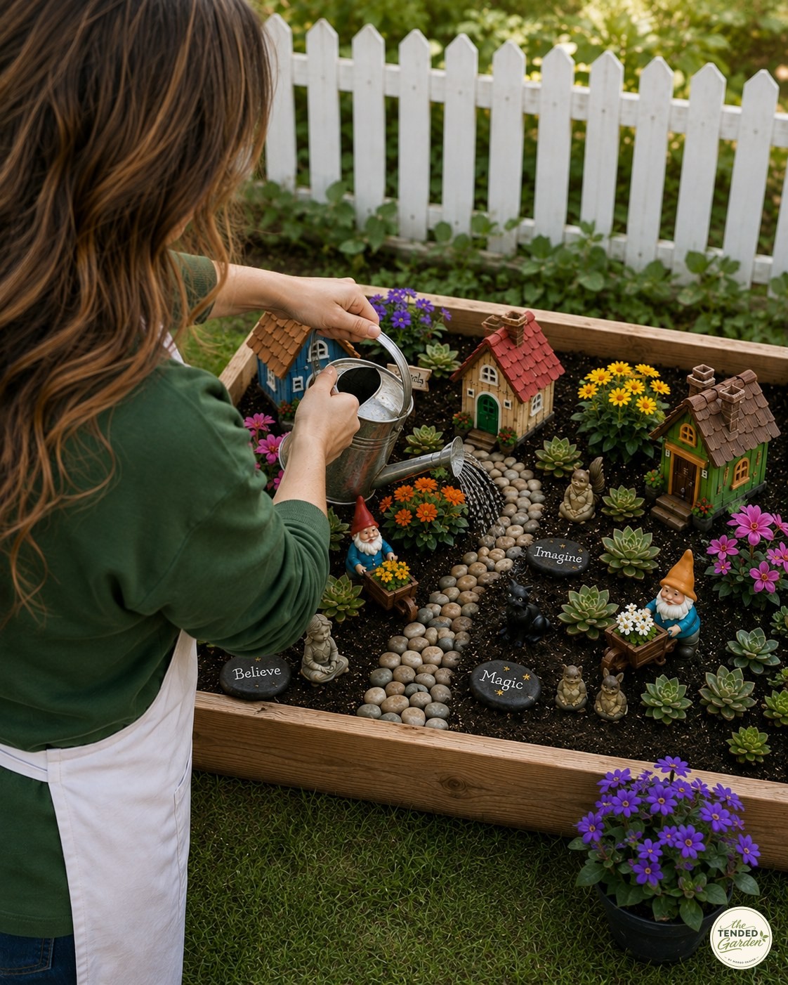 Watering the finished fairy garden gnome village with a small metal watering can
