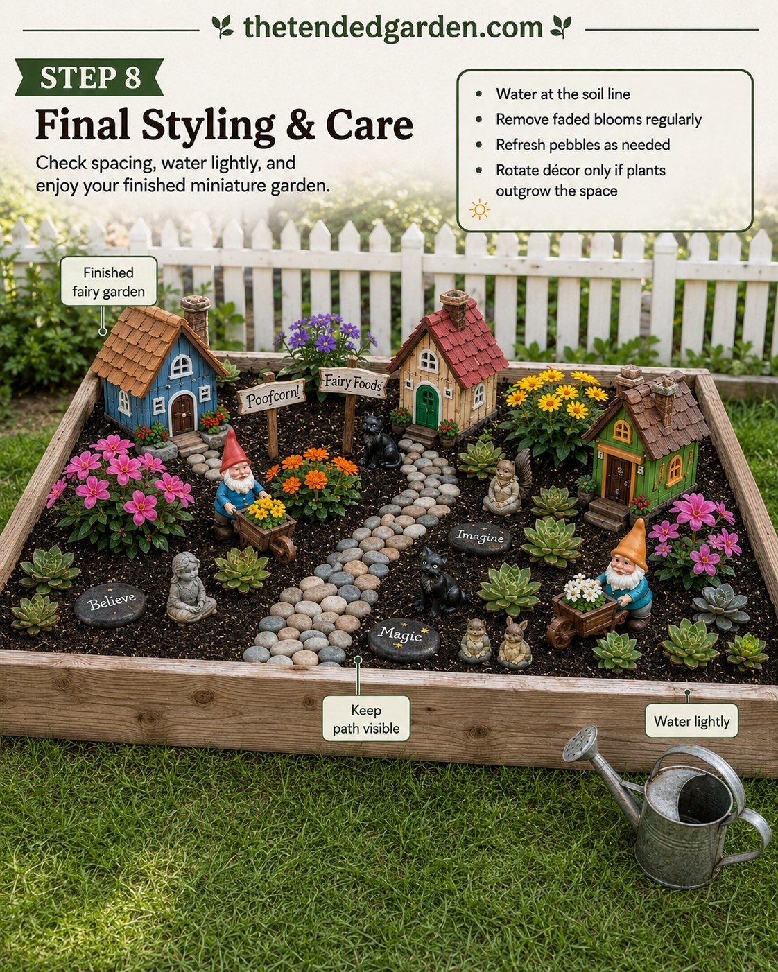 The finished fairy garden gnome village freshly watered in its cedar raised bed