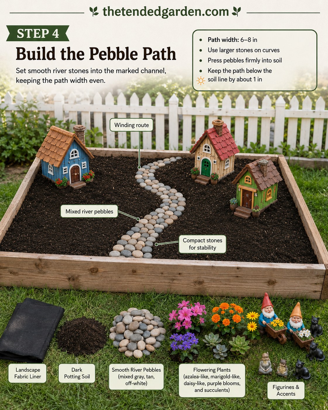Smooth river pebbles set into a curved path through the fairy garden gnome village