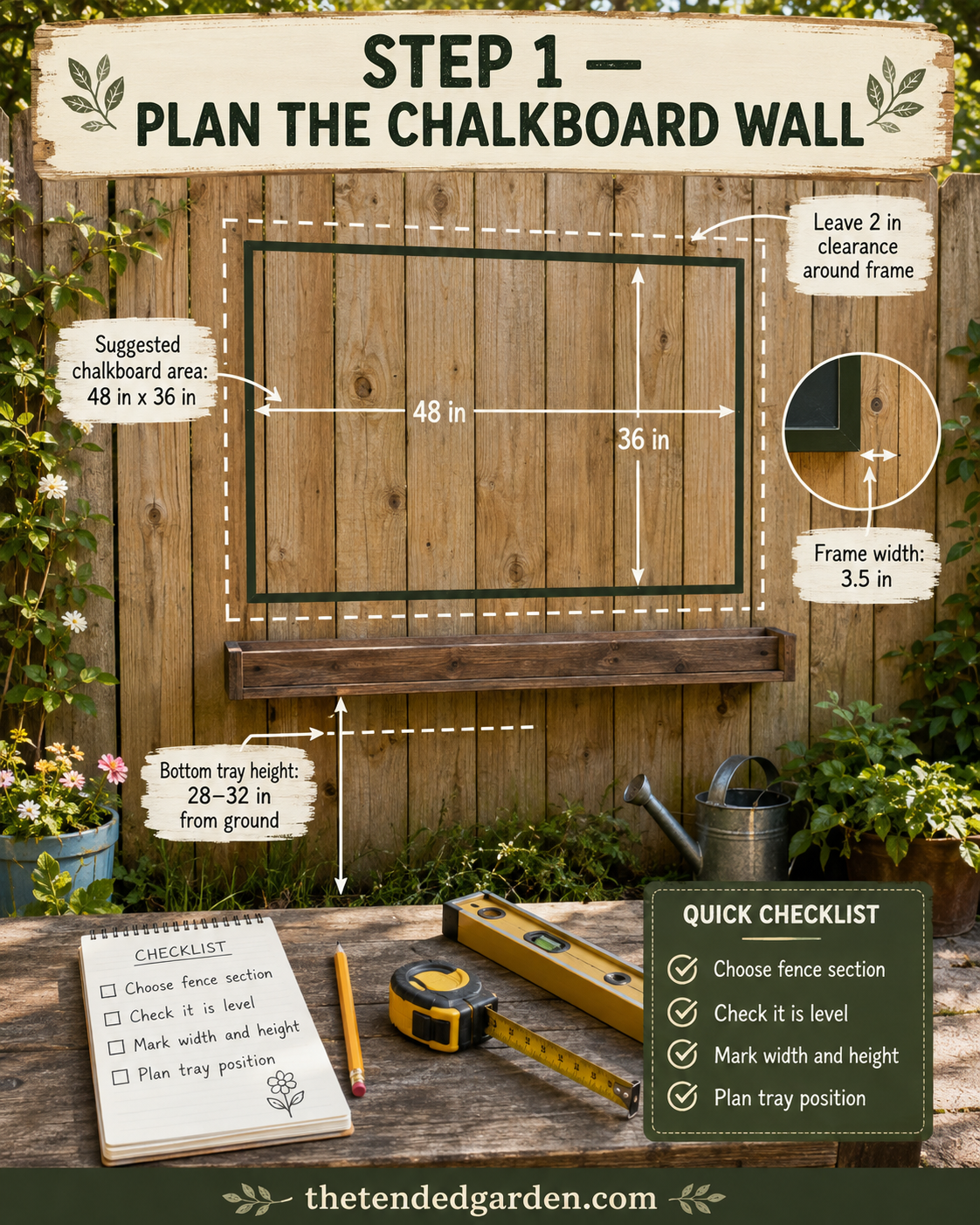 Planning the layout for an outdoor chalkboard for kids on a wooden fence with marked dimensions