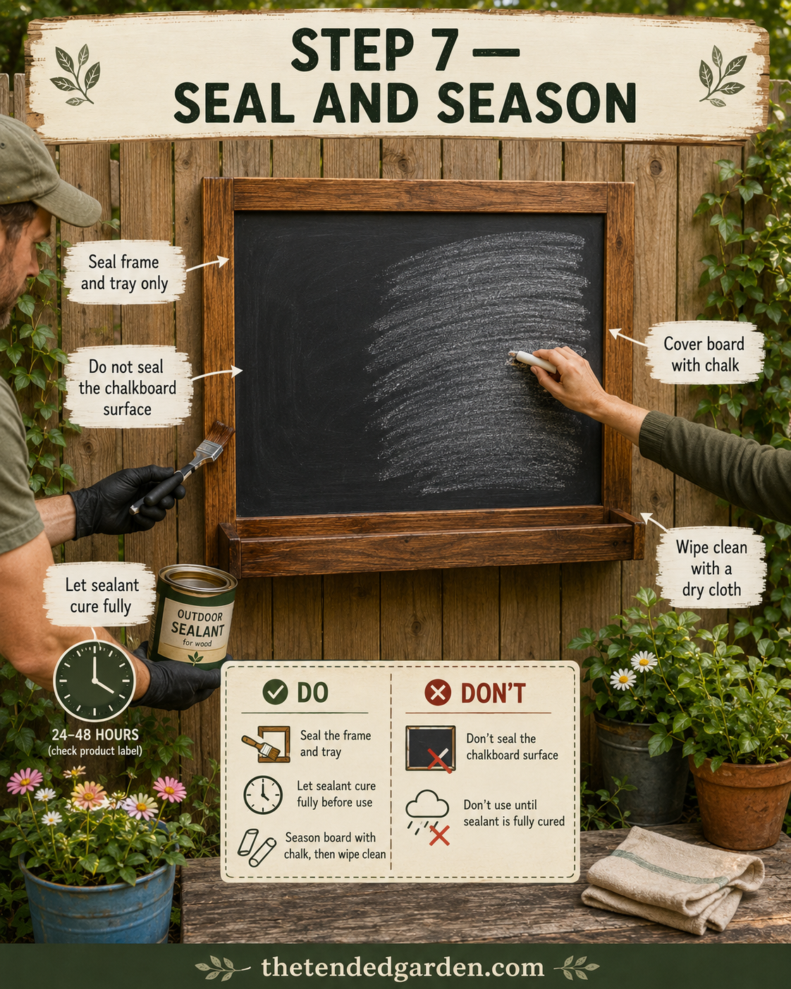 Sealing the frame and tray, then seasoning the outdoor chalkboard for kids with a first coat of chalk