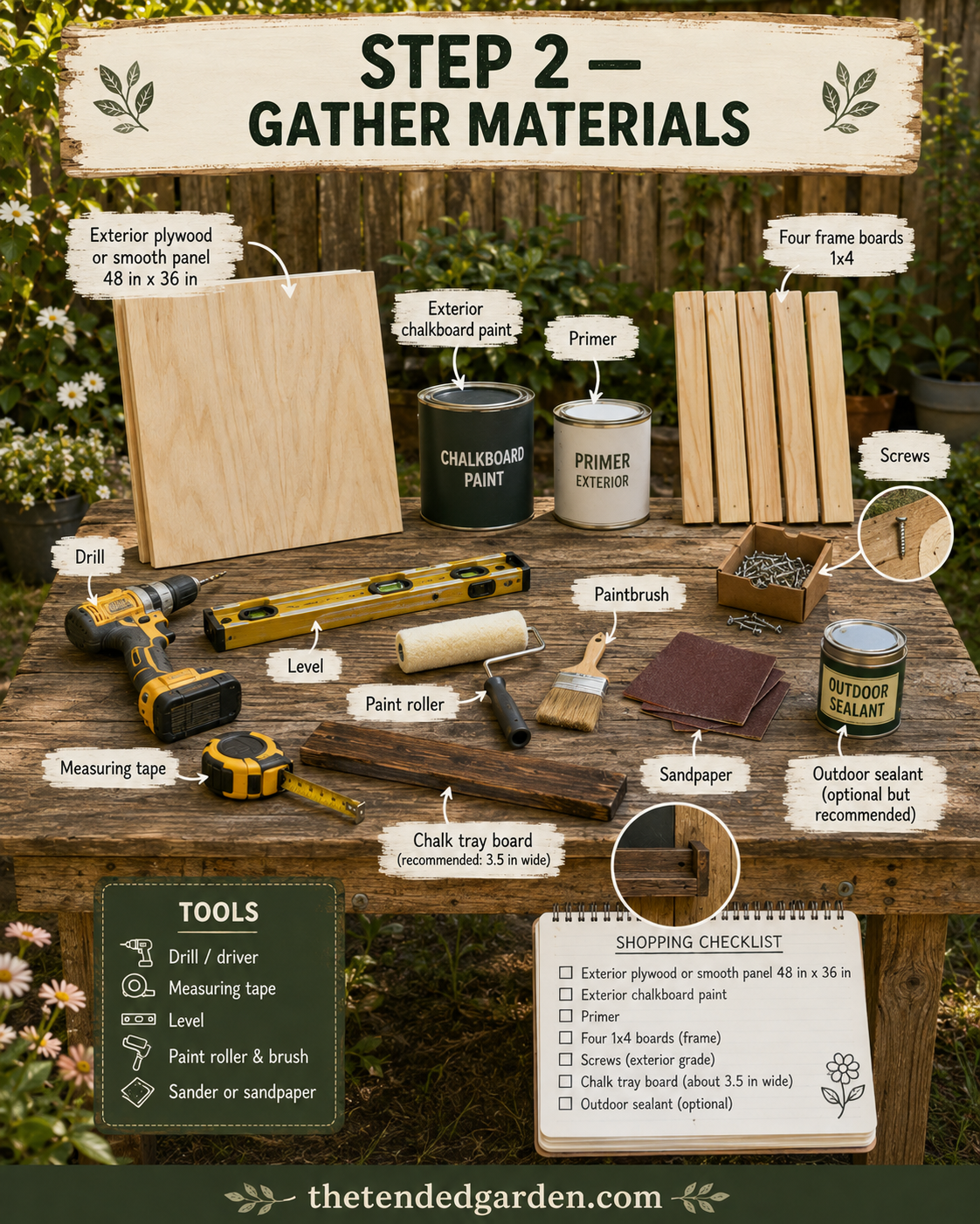 Materials laid out for building an outdoor chalkboard for kids, including paint, panel, and frame boards