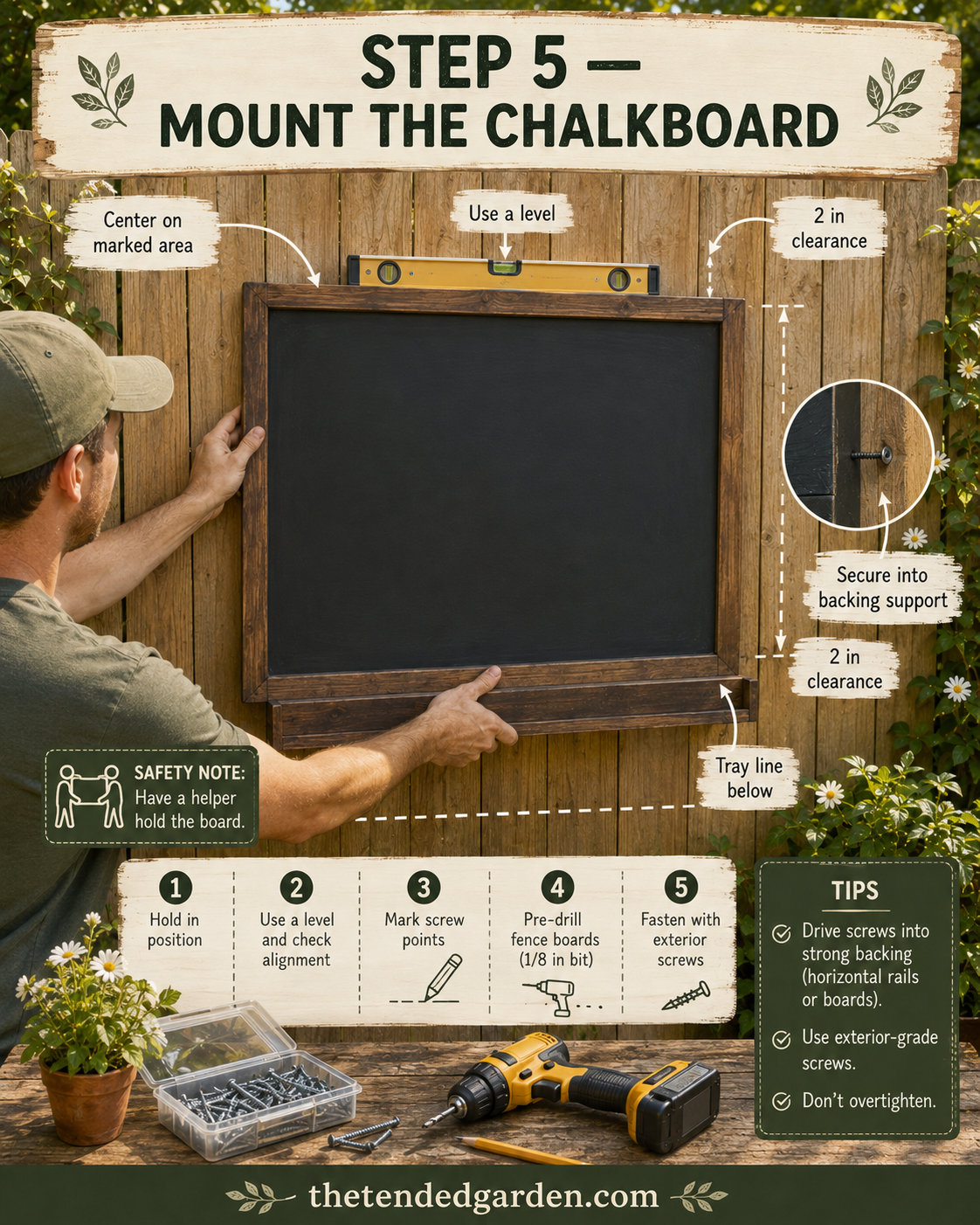Mounting the finished outdoor chalkboard for kids onto a backyard fence using a level
