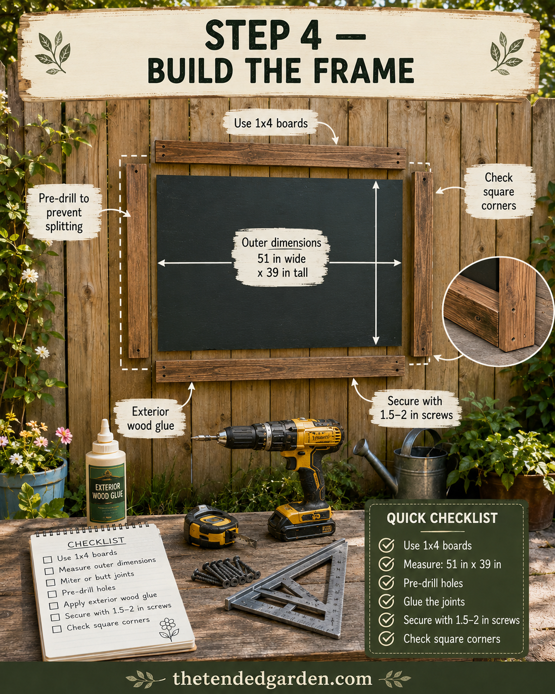 Building the 1x4 wood frame around the painted panel for an outdoor chalkboard for kids