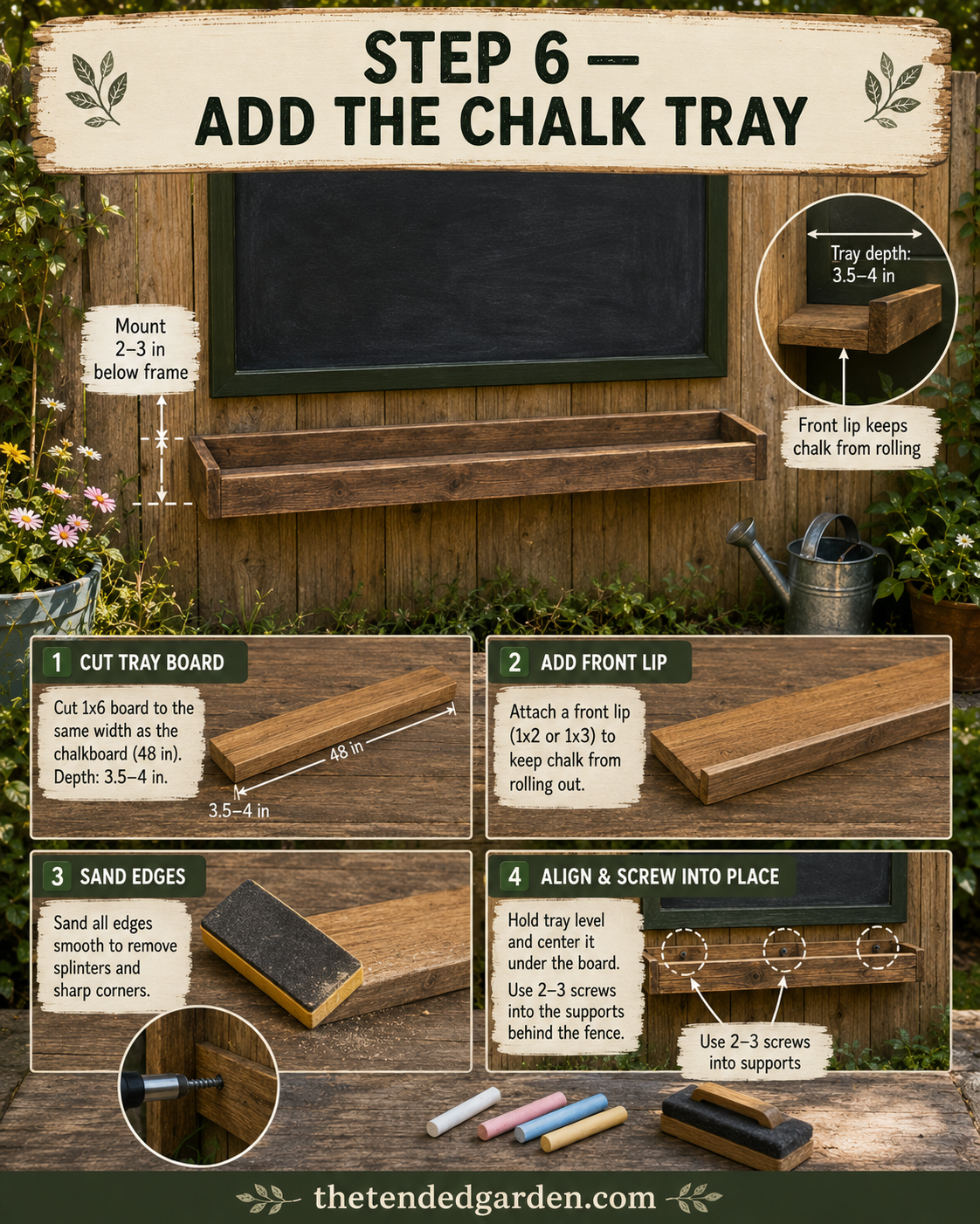 Adding a chalk tray with a front lip beneath the outdoor chalkboard for kids to catch stray chalk