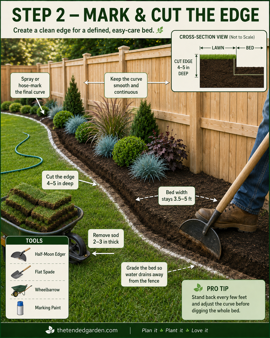 Cutting a clean 4 to 5 inch edge to define a river rock garden border with fence before digging the bed