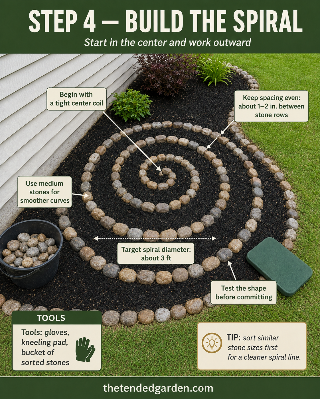 Medium stones being placed center-out to form the spiral pattern in a river rock spiral mulch bed