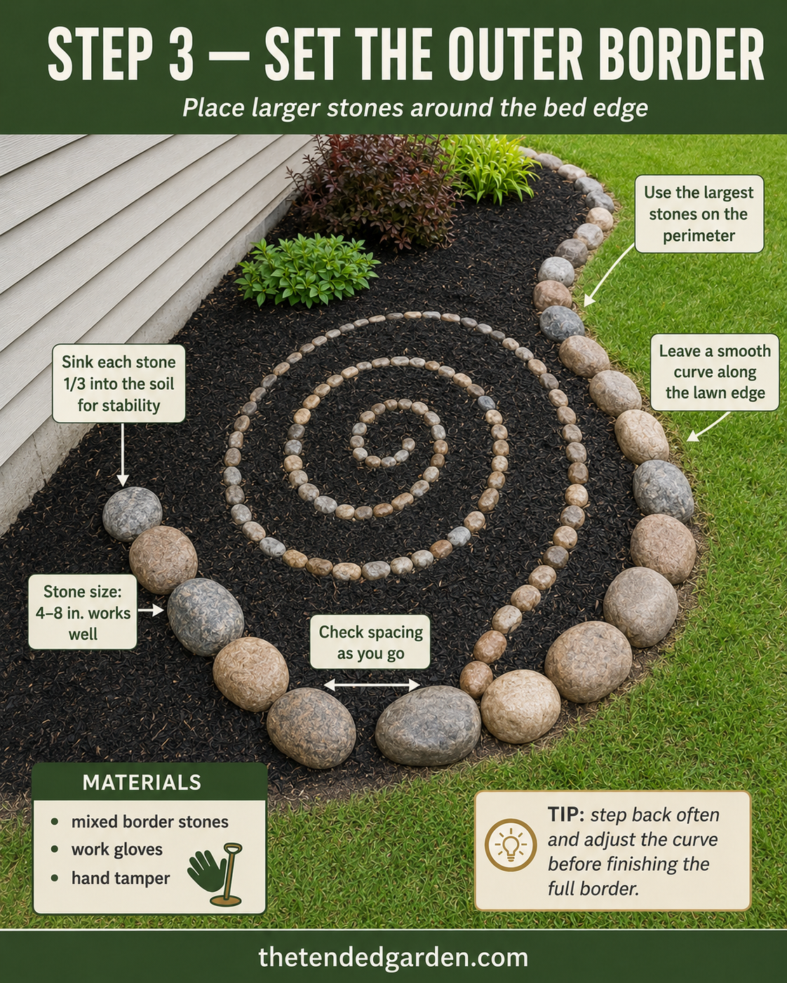 Large border stones set around the perimeter of a river rock spiral mulch bed for stability