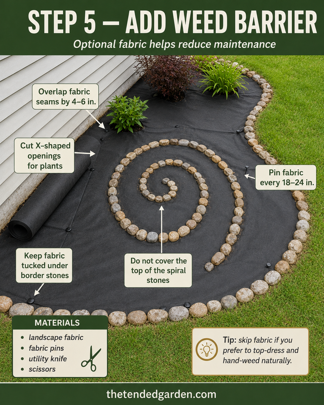 Landscape fabric pinned beneath a river rock spiral mulch bed to reduce future weeding