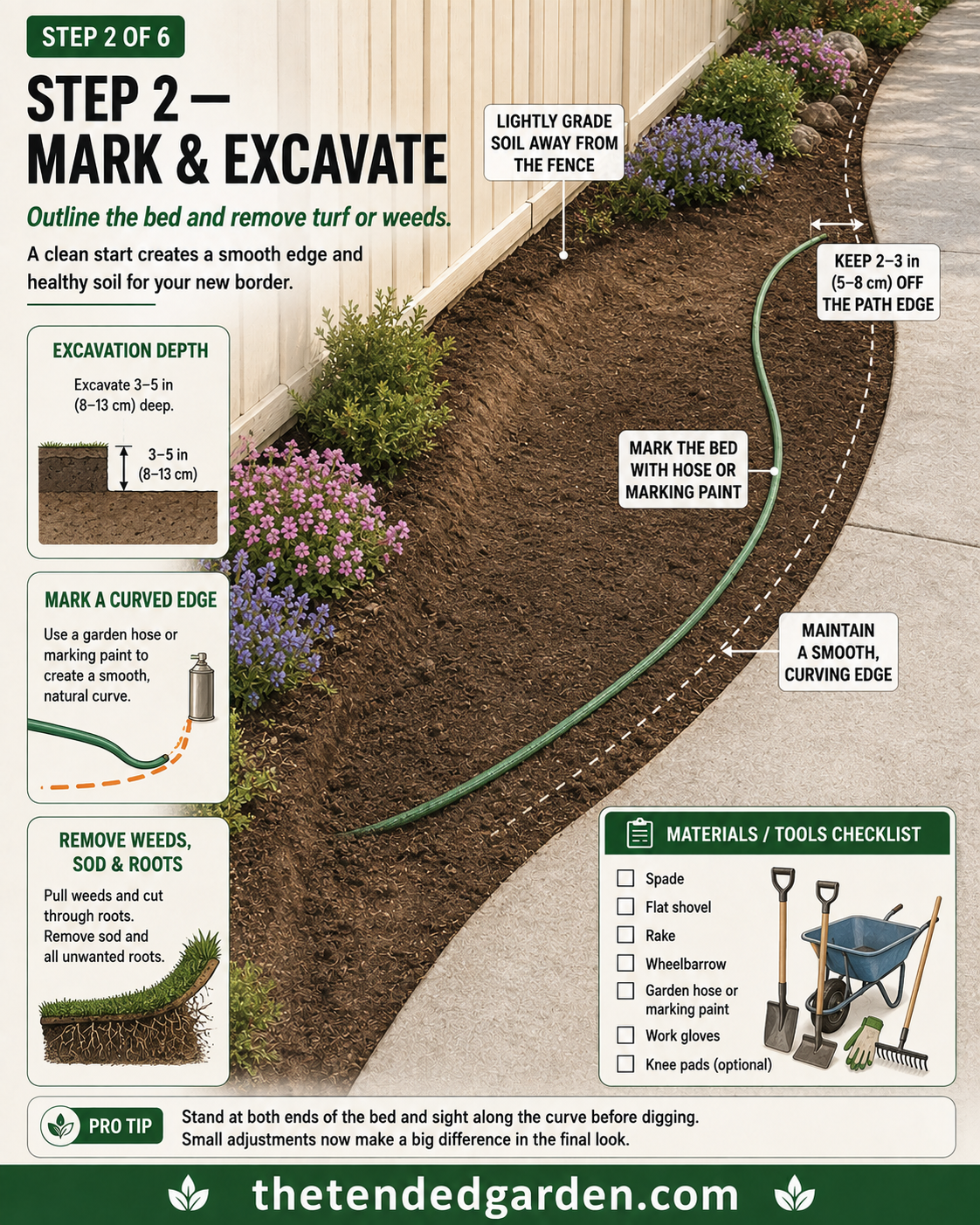 Marking and excavating a curved border bed 3 to 5 inches deep before installing a rock garden with creeping thyme