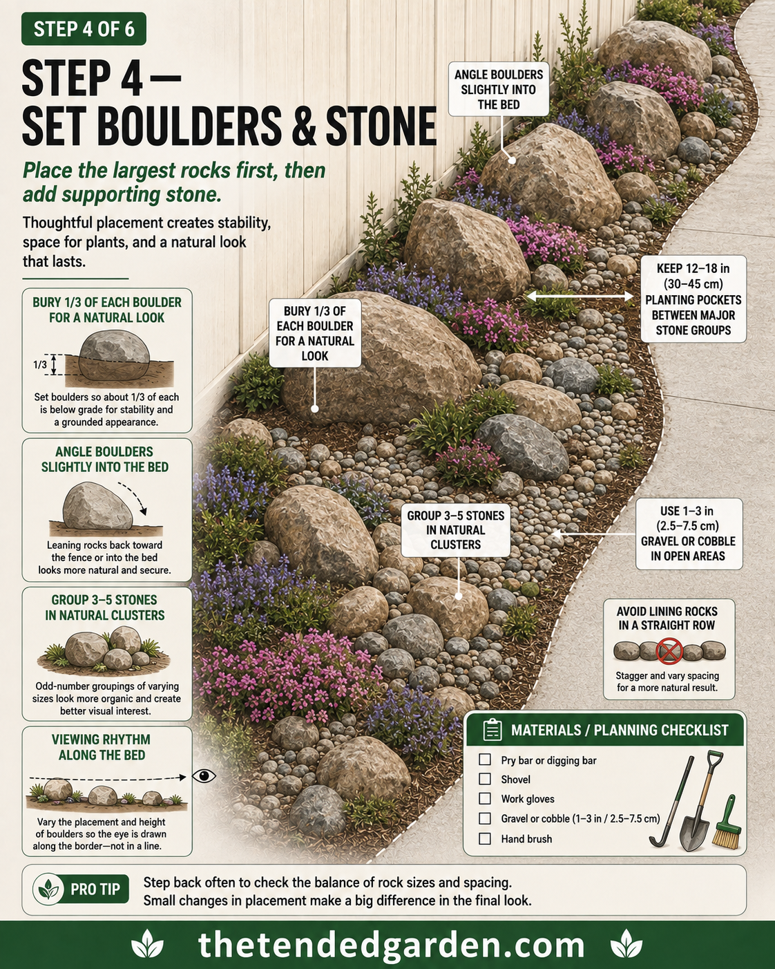 Large boulders set a third buried into the bed, the structural first step of a rock garden with creeping thyme