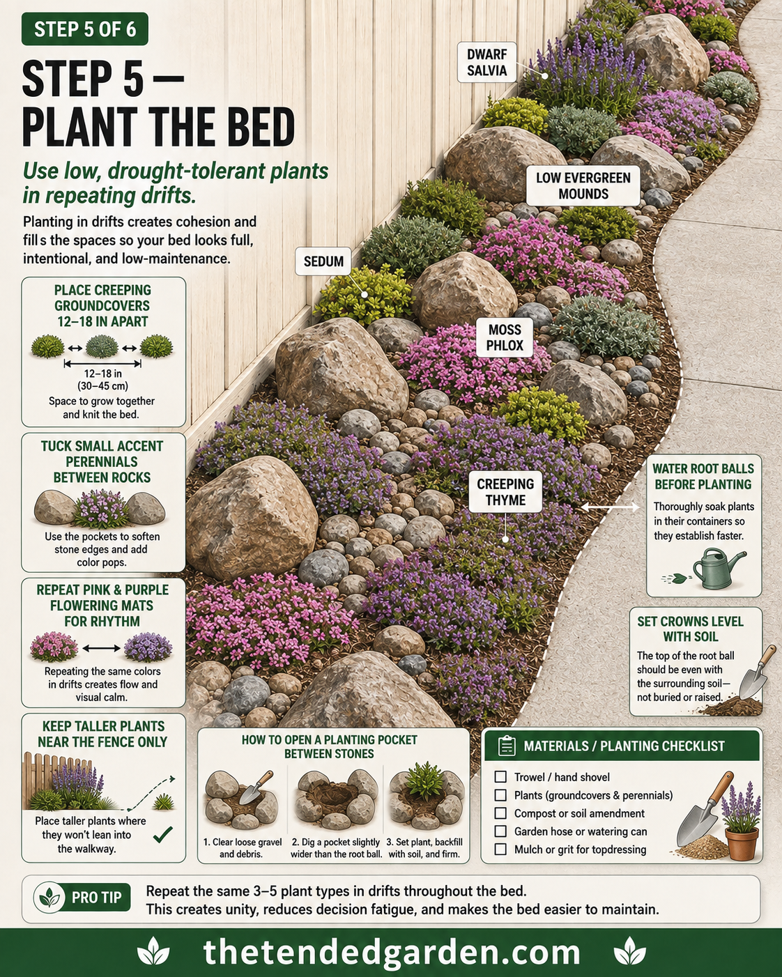 Planting pockets between stones filled with creeping thyme, moss phlox, and sedum in repeating drifts