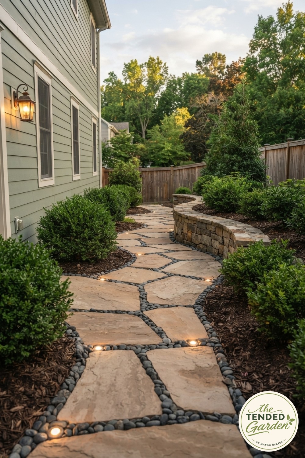 Vertical herb planters and string lights turn a narrow passage into edible side yard landscaping