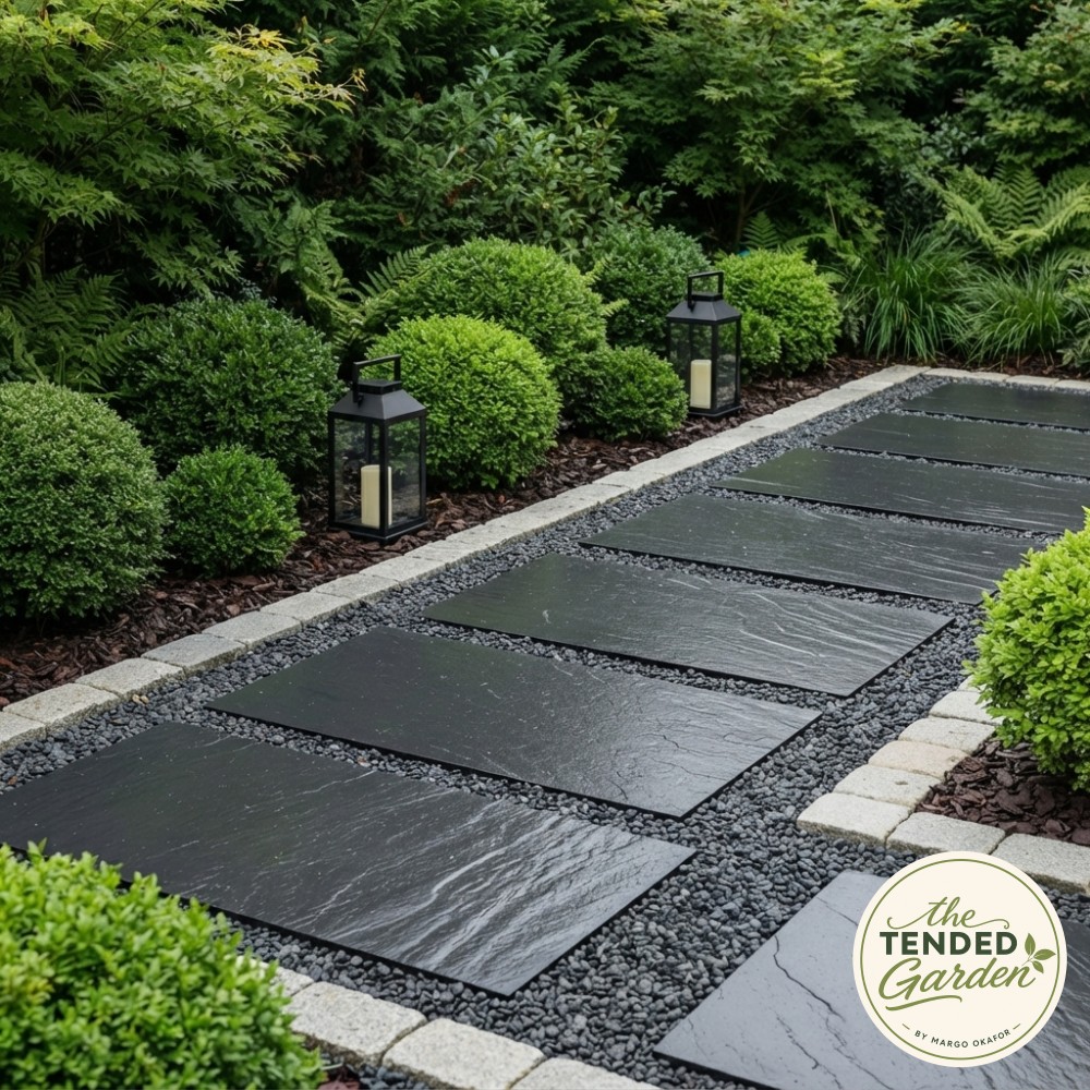 A turf dog run with boxwood topiaries shows practical side yard landscaping for pet owners