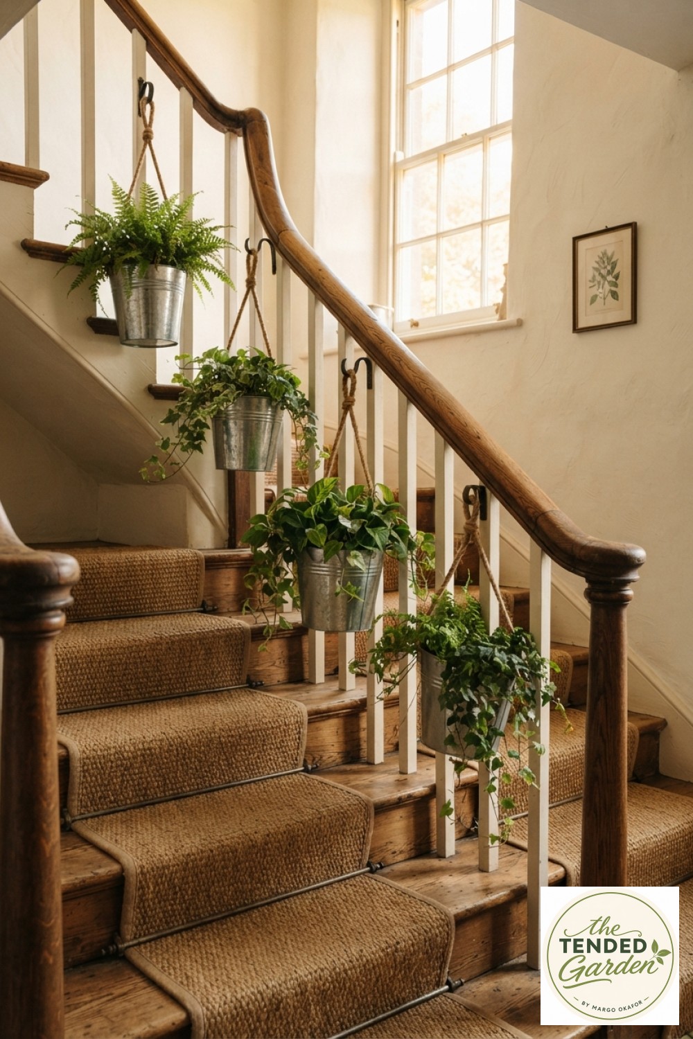 Farmhouse wooden staircase using a rustic stair railing plant hanger made from galvanized buckets and rope