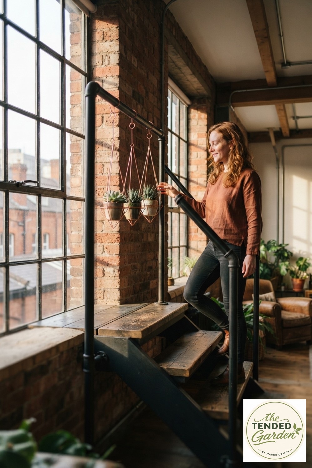 Industrial loft staircase featuring a copper wire stair railing plant hanger with small potted succulents